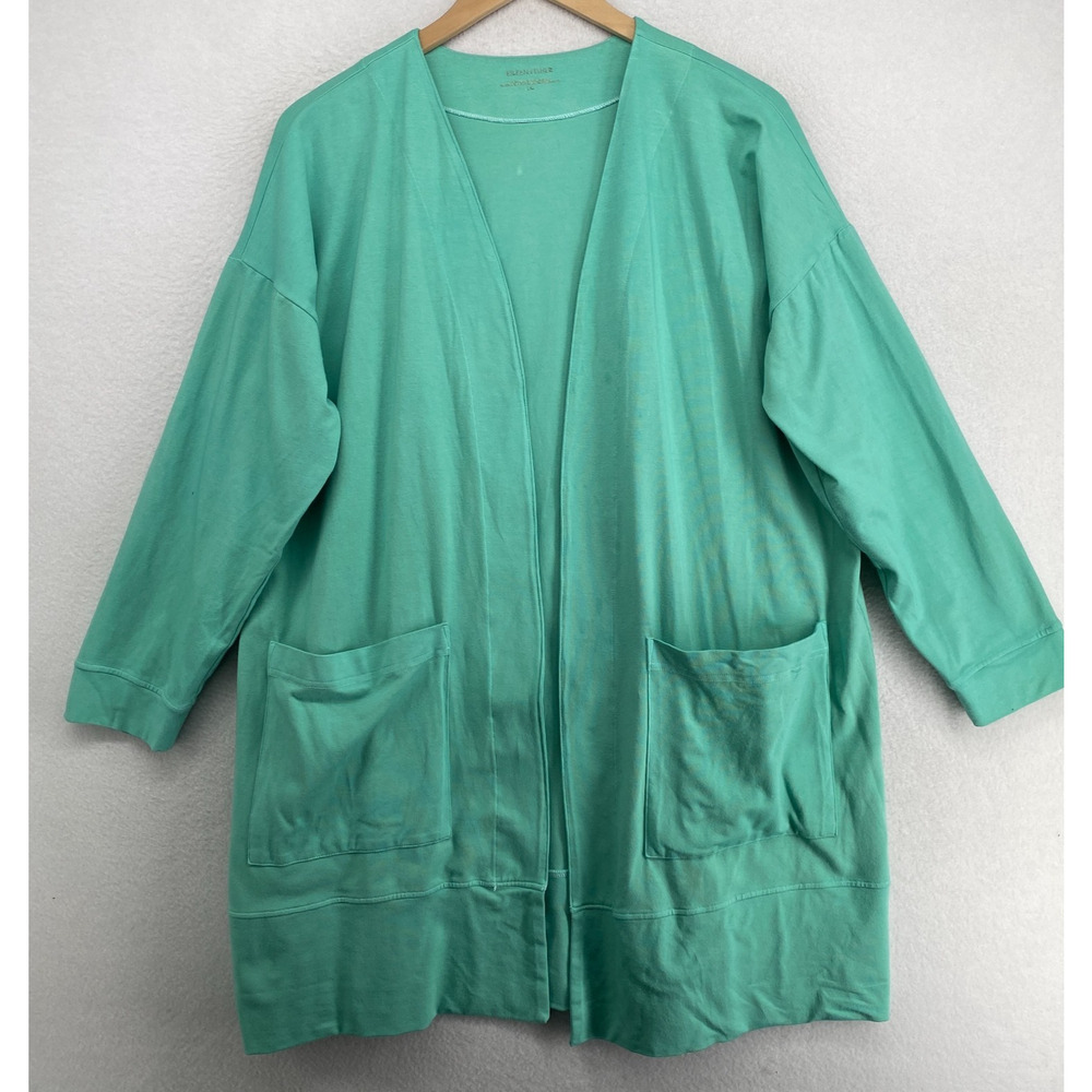 EILEEN FISHER Kimono L Stretch Cotton Jersey Duster Cardigan Open Front Green